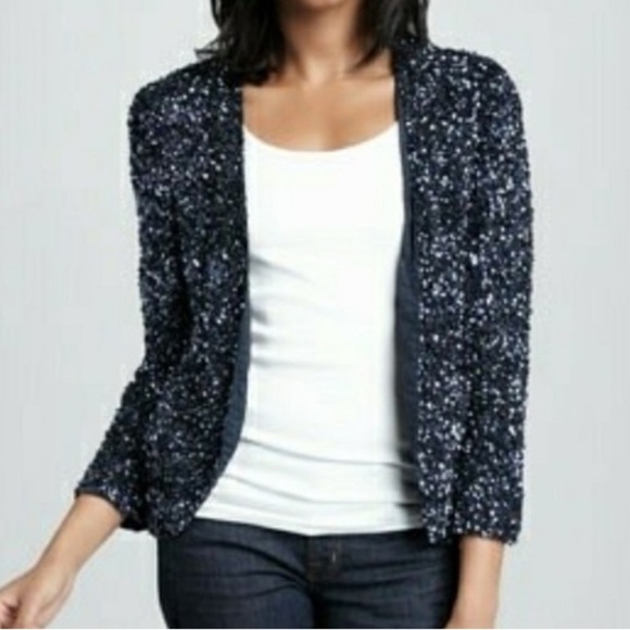 Parker Silk Navy Sequin Open Blazer Fabulous Festive Glam Holiday Evening Jacket - Picture 2 of 14